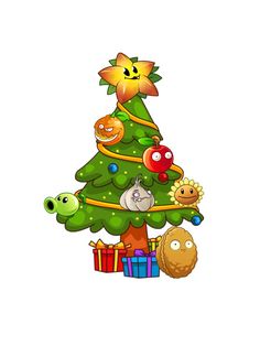 a cartoon christmas tree with many different items around it and an angry bird on top