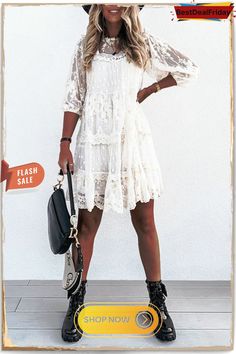 Layer Lace Round Neck Tunic Dresses Fall Day Out Dresses With Lace Trim, Spring Lace Patchwork Dress For Day Out, Spring Dresses With Lace Patchwork For Day Out, Spring Day Out Dress With Lace Patchwork, Lace Patchwork Dress For Day Out, Casual Lace Dresses For Fall, Bohemian Mini Dress With Lace Patchwork For Spring, Mini Lace Dress For Spring Vacation, Spring Boho Dress With Lace Patchwork