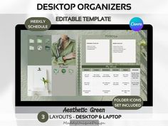 Stay organized and enhance your workspace with this Aesthetic Green Desktop Organizer Template. Perfect for business, students, and personal use, this template includes 3 customizable layouts designed for both desktop and laptop screens. Easily manage your weekly schedule, to-do lists, and folders with the included folder icon set. Fully editable in Canva, this template is ideal for anyone looking to create a visually pleasing and functional digital workspace. Make Your Screen a Reflection of Yo Green Template, Business Students, Digital Workspace, Wallpaper Organizer, Organizer Template, Laptop Screens, Business Model Canvas, Desktop Wallpaper Organizer, Personal Business