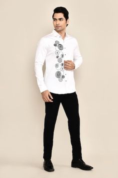 White shirt crafted in cotton stretch base featuring contrast embroidery in the front. - Aza Fashions Embroidered Slim Fit Cotton Shirt, Fitted Cotton Shirt With Embroidery, Fitted Embroidered Cotton Shirt, Embroidered Shirt, White Cotton, Full Sleeve, White Shirt, Aza Fashion, Casual Shirts