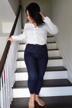 Gabby is wearing Ruthie High Rise in size 29 Non-stretch Dark Wash Jeans For Everyday, Everyday Dark Wash High Rise Bottoms, Dark Wash High Rise Bottoms For Everyday, Everyday High Rise Dark Wash Bottoms, Chic Dark Wash Everyday Bottoms, Chic High Rise Dark Wash Jeggings, Chic High-rise Dark Wash Jeggings, Non-stretch Dark Wash Jeans, Versatile Non-stretch Dark Wash Jeans