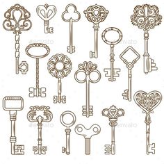 a bunch of keys that are lined up in different styles and colors - decorative objects