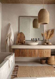 Stylish boho bathroom with floating wooden shelves and terracotta pots Airbnb Bathroom Ideas, Sandy Bathroom, Bali Bathroom, Bathroom Mediterranean, Sage Interior, Zen Bathroom Design, Bohemian Bathroom Decor, Boho Bathroom Ideas, Stile Boho Chic