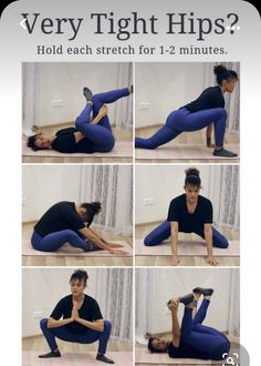 a woman doing yoga poses with the words very tight hips?