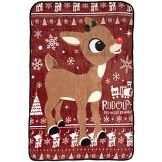 a blanket with a reindeer on it and snowflakes around the edges that says rudolph