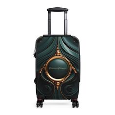 a green and gold suitcase with an intricate design on the front, featuring a golden circle