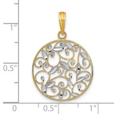 Introducing our exquisite 14K Yellow Gold and White Rhodium Polished Diamond Cut Finish Round Filigree Design Pendant. This stunning piece combines the luxury of yellow gold with the modern touch of white rhodium for a truly elegant look.Crafted with precision and attention to detail, this pendant features a delicate filigree design that adds a touch of intricate beauty. The diamond-cut finish adds a subtle sparkle to the piece, making it perfect for both everyday wear and special occasions.Whether you're looking for a timeless piece to add to your jewelry collection or searching for a thoughtful gift for a loved one, this pendant is sure to impress. Pair it with a matching chain for a complete look or mix and match with other pieces for a stylish and personalized aesthetic.Add a touch of Round Wedding Band, Silver Picture Frames, Rose Jewelry, White Gold Wedding, Filigree Design, Gold Wedding Band, Round Pendant, Sterling Silver Bands, Selling Jewelry