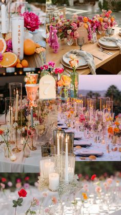 the table is set with flowers, candles and other decorations for an outdoor dinner party