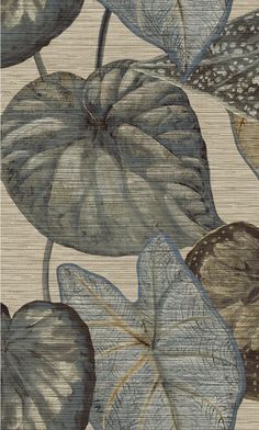 a close up view of leaves and flowers on a wallpapered surface with neutral colors