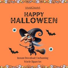 an orange halloween card with a cartoon witch on it