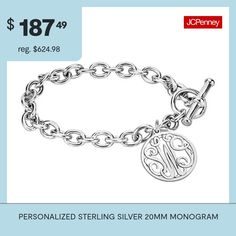 Wear this monogram charm bracelet as a constant reminder of the bond you share with someone special. Initials will appear exactly as entered. Must be three letters, center initial will be enlarged.Closure: TogglePendant Size: 20mmPersonalize: Up to 3 script initials. Initials will appear exactly as entered; center initial will be enlarged.Features: Monogrammable, PersonalizedShape: RoundMetal Color: WhiteChain Length: 7 InchChain Width: 5 MillimetersChain Construction: CableCare: Wipe CleanBrac… Personalized Silver Charm Bracelet With Initials, Silver Name Bracelet With Monogram For Gift, Silver Monogram Name Bracelet Gift, Personalized Monogram Silver Bracelet, Classic Personalized Charm Bracelet, Classic Silver Charm Bracelet For Personalized Gift, Bracelets Charm, Script Initial, Charm Bracelets