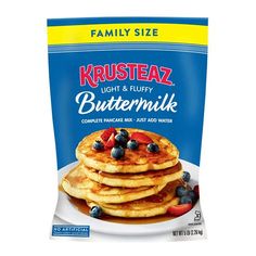 a bag of krusteaz buttermik pancakes with blueberries and strawberries