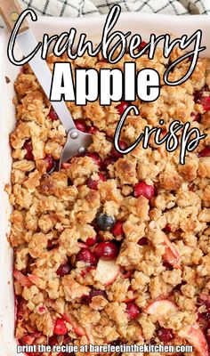 cranberry apple crisp recipe in a white dish