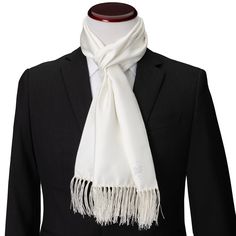 Every man needs a simple but elegant white scarf for formal events, and this one has the added luxury of being crafted from 100% Silk. The expert craftsmanship of our 100% Silk scarf holds your preferred style without slipping or having to adjust. Pairs beautifully with any necktie, bow tie, or outfit, making it a versatile piece that can be worn for both professional and formal occasions. Elegant White Scarves For Formal Occasions, Elegant Solid Color Neckwear For Weddings, Elegant White Scarf For Formal Occasions, Elegant White Formal Scarf, Elegant Neckwear For Wedding, Classic Solid Color Neckwear For Weddings, Classic Neckwear Standard Tie For Gift, Classic White Scarf For Gift, Classic Solid Neckwear For Wedding