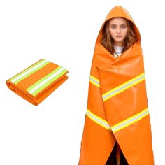 a doll dressed in an orange fireman's coat and hat with a striped towel