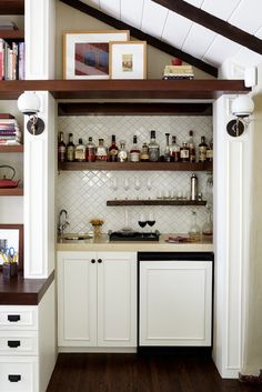 Kitchen Alcove, Stairs Closet, Floating Shelving, Kitchen Triangle, Photo Shelf, Home Wet Bar, Closet Bar, Farmhouse Backsplash, Stairs Makeover