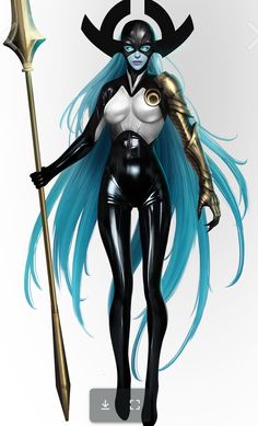 a woman in black and white with blue hair holding a spear