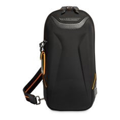 a black backpack with orange straps