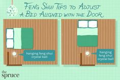 a bed room with two beds next to each other and the caption says, feng shu tips to adjust a bed aligned with the door hanging crystal ball