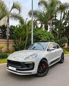 a silver porsche macan parked on the street in front of some trees and bushes