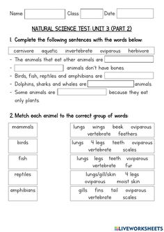 the worksheet for natural science unit 3 part 2, including animals and plants