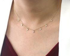 "Multi Dangling F-G/VS Diamond Necklace/14K SOLID GOLD Women's Choker Necklace/Ladies Unique Layering Diamond Necklace/Anniversary Gift This necklace is thicker than other competitive shop. This way necklace does not easily break and person who will be wearing does not have to be extremely careful. This necklace is dainty yet thick enough to be sturdy. Buy a jewelry that will last . PRODUCT INFO ◈ Hand made item, Made to order ◈ Metal: Entire Necklace 14K Solid Gold ◈ Available Gold Color: Rose Delicate Gold Diamond Necklace With Bezel Setting, Delicate 14k Gold Diamond Necklace With Bezel Setting, Gold Diamond Necklace With Smooth Bezel For Gift, Minimalist Bezel-set Diamond Necklace For Anniversary, Minimalist Yellow Gold Diamond Necklace, Tarnish Resistant, Layering Diamond Necklaces, Women Choker Necklace, Womens Chokers, Bezel Necklace