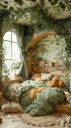 an image of a bedroom setting with plants on the wall and bed in the foreground