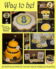 there is a collage of pictures with yellow and blue decorations on it, including a cake