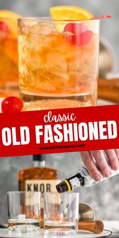 an old fashioned cocktail is being served on the table