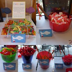 the table is set up with candy and candies for children's birthdays