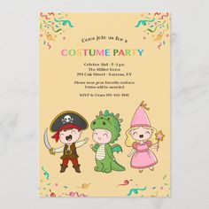 a birthday party card with three cartoon characters on the front and back, including an image of