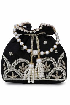 Bridal Bags, Black Indians, Potli Bag, Silk Pattern, Wedding Bags, Black White And Gold, Beaded Necklace Designs, Bridal Bag, Potli Bags