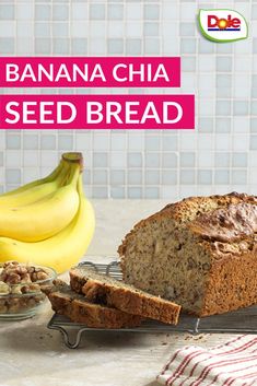 banana chia seed bread on a cooling rack next to bananas and other food items