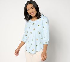 With a fun print, 3/4-length sleeves, and sweet smocking details, this "Pick of the Day" top is always in season. Layer under a jacket (or not) accordingly. From Cuddl Duds. Casual Printed Top With 3/4 Sleeves, Casual Printed Tops With 3/4 Sleeve, Relaxed Fit Printed Tops With 3/4 Sleeves, Printed Tops With Relaxed Fit And 3/4 Sleeve, Printed Cotton Tops With 3/4 Sleeves, Cotton Printed Tops With 3/4 Sleeves, Casual Long Sleeve Top With Smocked Cuffs, Long Sleeve Smock Top For Brunch, Playful Tops For Spring Loungewear