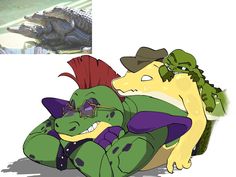 there are two cartoon characters laying next to each other on the same pillow, and one is holding an alligator