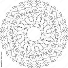 an intricate circular design in black and white, with the center surrounded by smaller circles