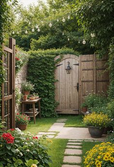 an outdoor garden with flowers and plants around the door, in front of a stone path