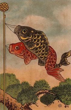 a painting of a fish on a pole with trees in the background and clouds in the sky