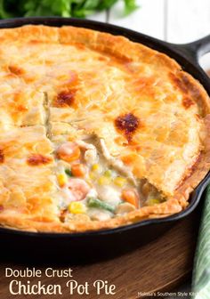 a chicken pot pie in a cast iron skillet