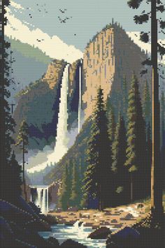 a cross stitch pattern with mountains, trees and a waterfall in the middle of it