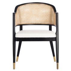 a black and white chair with wicker back, gold trimmings, and an upholstered seat