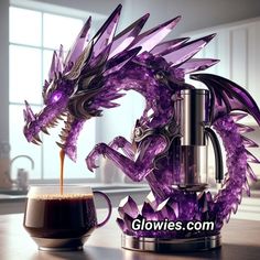 a purple dragon sculpture next to a cup of coffee