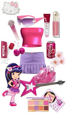 an assortment of items that include lipstick, hairbrush and other things to be seen in this image