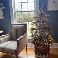 a small christmas tree in a basket next to a chair