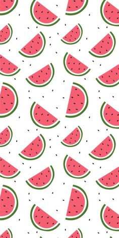 watermelon slices are arranged in rows on a white background with green and pink accents