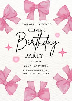 a birthday party with pink bows and stars on the front, in watercolor style