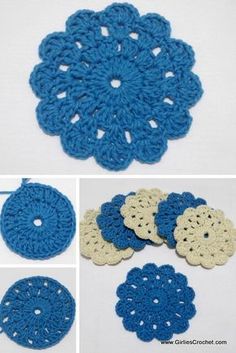 crocheted doily and coasters are shown in three different pictures, one is blue and the other is white