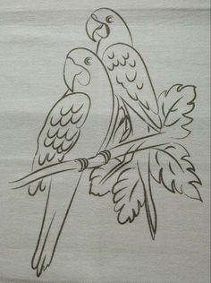 two parrots sitting on a branch with leaves drawn on it's back side