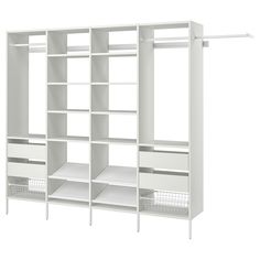 a white closet with shelves and baskets on the bottom shelf is shown in front of a white background