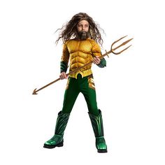 a man with long hair and beard wearing green and gold costume holding two large metal pitchforks